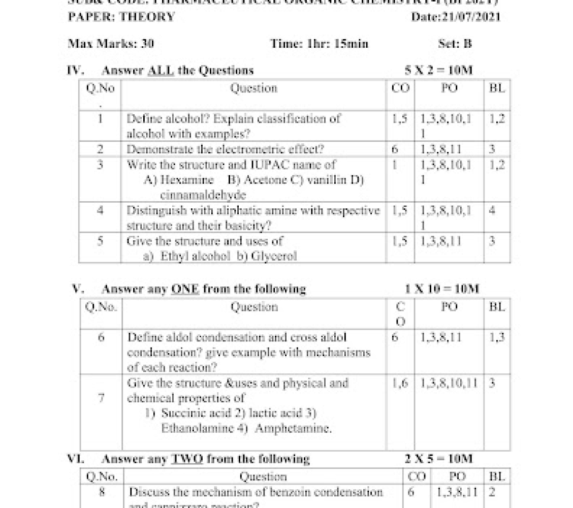 Internal Question Paper Quality & Blooms Taxonomy Levels St Pauls